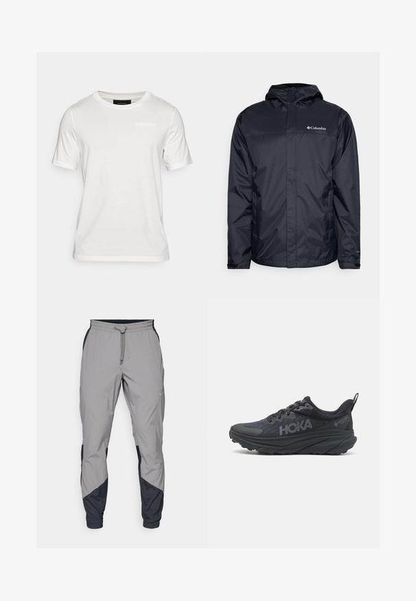 Jachetă neagră impermeabilă cu glugă, dotată cu fermoar frontal, manșete elastice și un logo în partea superioară stângă a pieptului. Material ușor.; Tricoul alb cu mânecă scurtă este realizat dintr-un material moale. Are un decolteu rotund și un detaliu subtil de branding în partea din față.; Pantaloni sportivi ușori, gri, cu accente negre. Talie elastică, închidere cu șnur, design cu picior tapered și buzunare laterale.; Pantofii de alergare Hoka negri au un superior din plasă, detalii texturate și o talpă groasă, căptușită, cu margini conice pentru un suport îmbunătățit.