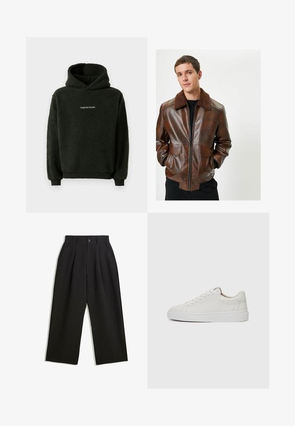 Veste en cuir marron avec un col en fourrure marron, fermeture éclair à l'avant, deux poches à l'avant et une coupe ajustée. Texture lisse avec une finition brillante.; Haut à capuche en molleton noir avec une finition texturée, dotée d'une poche kangourou à l'avant et d'un logo sur la poitrine. Design avec capuche et poignets élastiques.; Pantalons noirs à coupe décontractée, avec des plis à l'avant, des poches latérales et une fermeture à bouton. Fabriqués en tissu texturé.; Baskets blanches en cuir, à tige basse, avec un bout rond, une semelle en caoutchouc blanc plate et des détails de couture minimalistes. Lacets maintenus par six œillets.