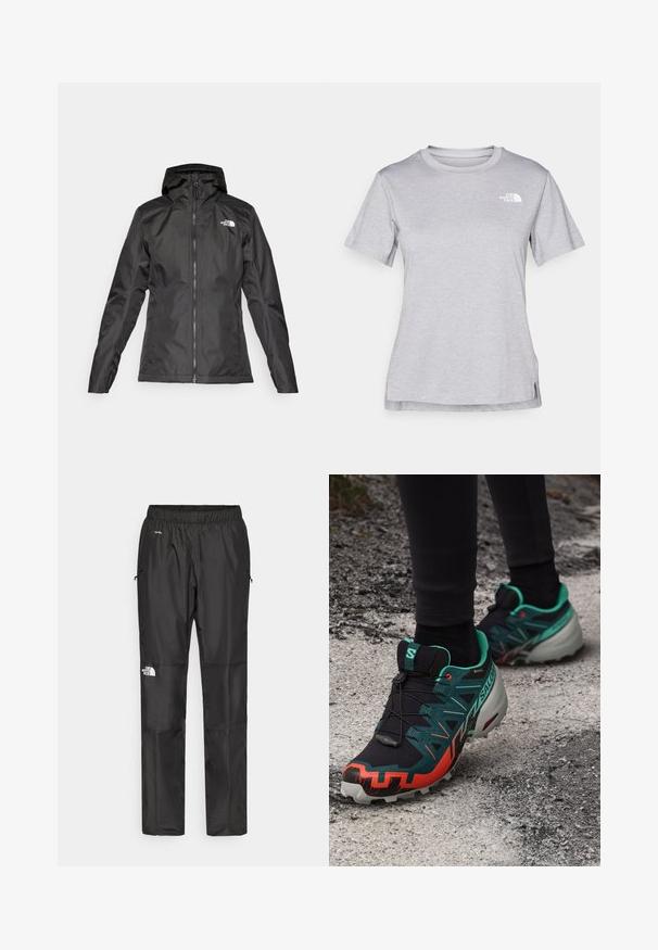 Čierna nepremokavá bunda s kapucňou, predným zipsom a dlhými rukávmi. Na hornej ľavej strane sa nachádza biele logo. Hladká textúra látky.; Sivý tričko s krátkym rukávom vyrobené z jemného, vlhkosť odvádzajúceho materiálu. Obsahuje okrúhly výstrih a malé biele logo na hornej ľavej strane.; Čierne vodeodolné nohavice vyrobené z ľahkej tkaniny, s elastickým pásom, bočnými vreckami a logom na ľavom stehne.; Salomon SPEEDCROSS 6 GTX - Trailové bežecké topánky - black/electric green/cherry tomato