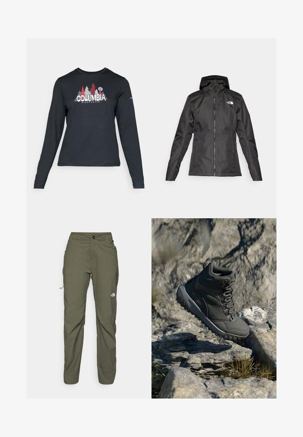 Musta vedenpitävä takki, jossa on huppu, etuvetoketju ja pitkät hihat. Oikealla ylhäällä on valkoinen logo. Materiaali on sileää.; Tummanharmaa pitkähihaisen paidan graafinen kuva punaisista puista ja vuorista; "COLUMBIA" -logo lihavoituna valkoisella tekstillä. Pehmeä kangas, normaali pyöreä kaula-aukko.; The North Face EXPLORATION PANTS - Ulkohousut - new taupe green; Tummanharmaat vaelluskengät, jotka on valmistettu synteettisestä materiaalista. Niissä on pehmustettu kaulus, metalliset silmukat ja teksturoitu kumipohja pitävyyttä varten.
