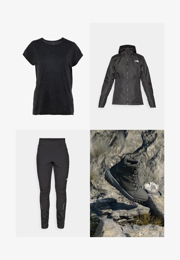 Melnā ūdensnecaurlaidīgā jaka ar kapuci, priekšējais rāvējslēdzis un garām piedurknēm. Uz augšējās kreisās puses atrodas balts logo. Gluda auduma tekstūra.; Tumši pelēks īsām piedurknēm T-krekls ar apaļu kakla izgriezumu un brīvu piegriezumu. Audumam ir mīksta, teksturēta izskats.; Melnas āra bikses ar pieguļošu dizainu, izturīgu audumu, atstarojošiem akcentiem un paneļu šuvēm, lai uzlabotu kustības brīvību un komfortu.; Tumši pelēki pārgājienu zābaki, kas izgatavoti no sintētiskā materiāla, ar mīkstu apkakli, metāla acsļi un teksturētu gumijas zoli labākai saķerei.