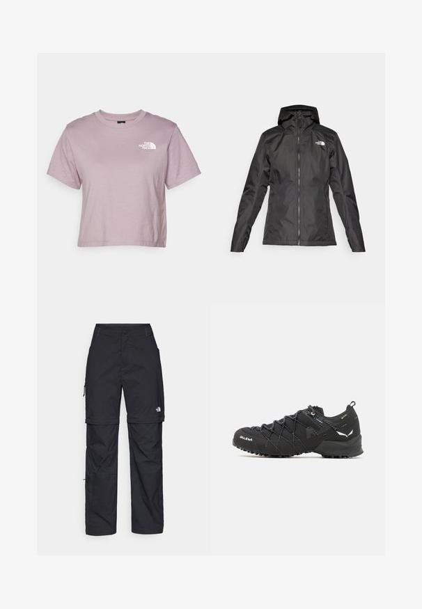 Černá voděodolná bunda s kapucí, předním zipem a dlouhými rukávy. Na horní levé straně je bílé logo. Hladká textilie.; The North Face SIMPLE DOME CROPPED SLIM TEE - Triko s potiskem - purple chalk; Černé nylonové cargo kalhoty na zip s nastavitelnými manžetami, několika kapsami a logem na pravé noze. Hladká, lehká textura.; Černé turistické boty s texturovaným tkaninovým svrškem, šněrovacím systémem a robustní gumovou podrážkou. Ozdobené reflexními detaily a logy.