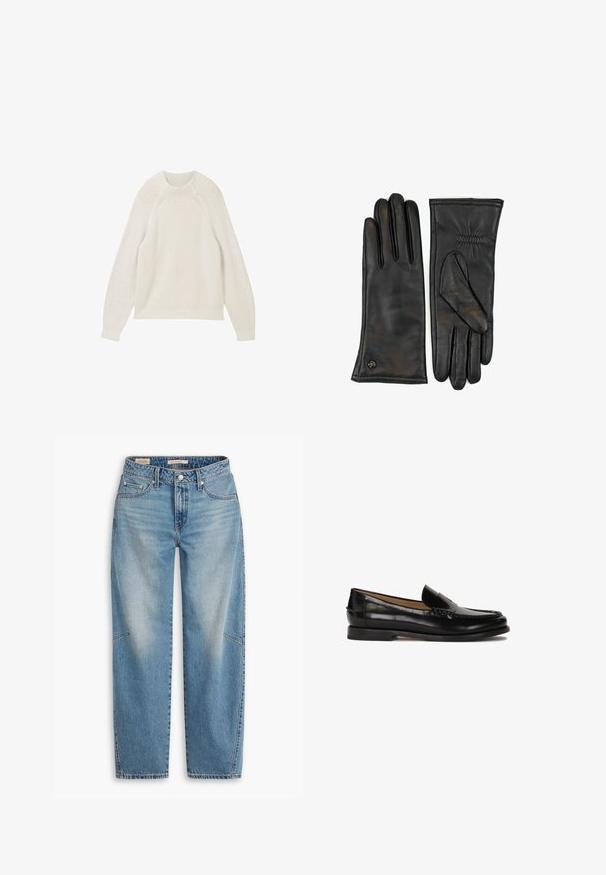 Beige Fleecejacke mit hohem Kragen, schwarzen Akzenten und Knopfverschlüssen. Sie hat eine weiche Textur und eine lockere, kastige Form.; Helle beigen Rippenpullover mit langen Ärmeln, Rundhalsausschnitt und dezentem Strukturmuster. Weicher Stoff mit lässiger Passform und ohne sichtbare Hardware.; Hellblaue Jeans aus Denim mit lockerem Schnitt, geradem Bein, Knopfleiste und Fünf-Taschen-Stil sowie dezenten Verblassungen und Ziernähten.; Schwarzer Lederloafer mit runder Zehenpartie, schlupfendem Design und dezenten Nahtdetails entlang des Oberteils. Flache Gummisohle.; Schwarze Lederhandschuhe mit glatter Oberfläche, die ein gerafftes Designdetail am Handgelenk und ein kleines Logo auf der Manschette aufweisen.