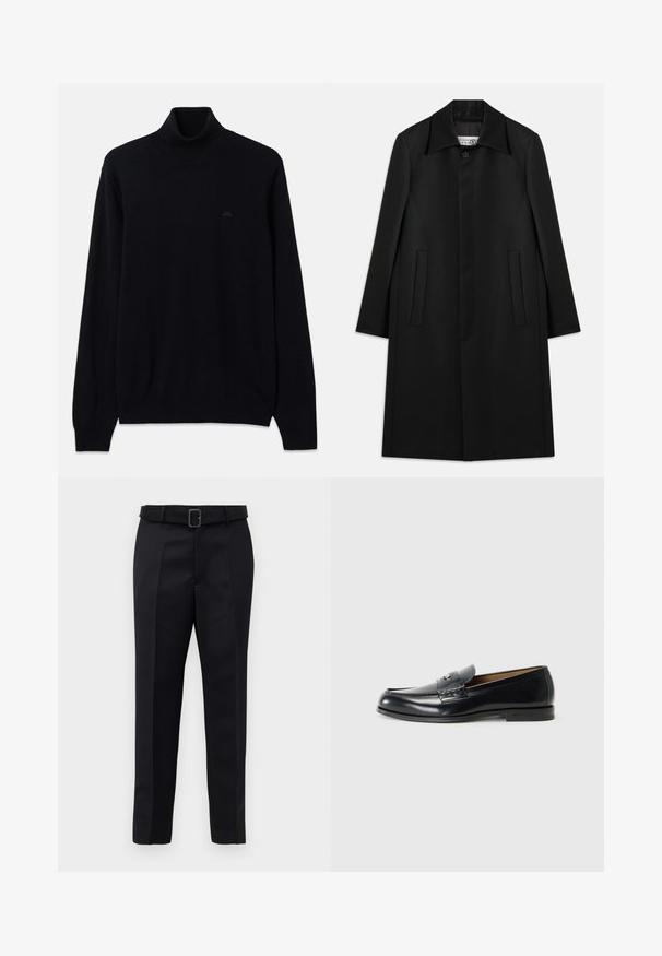Svart lång kappa, tillverkad av slät tyg. Har en krage, enkel knappstängning och två sidfickor med rak skärning.; Svart polotröja i mjukt stickat tyg, med långa ärmar och ribbade muddar och nederkant. Diskret logotyp i svart på bröstet.; Svarta skräddarsydda byxor har en slät väv, rak passform och en bälte med en rektangulär spänne. Framstående veck framhäver designen.; Svarta läderloafers med en slät yta, rund tå, dekorativ sömnad och en liten metalldetalj framtill.