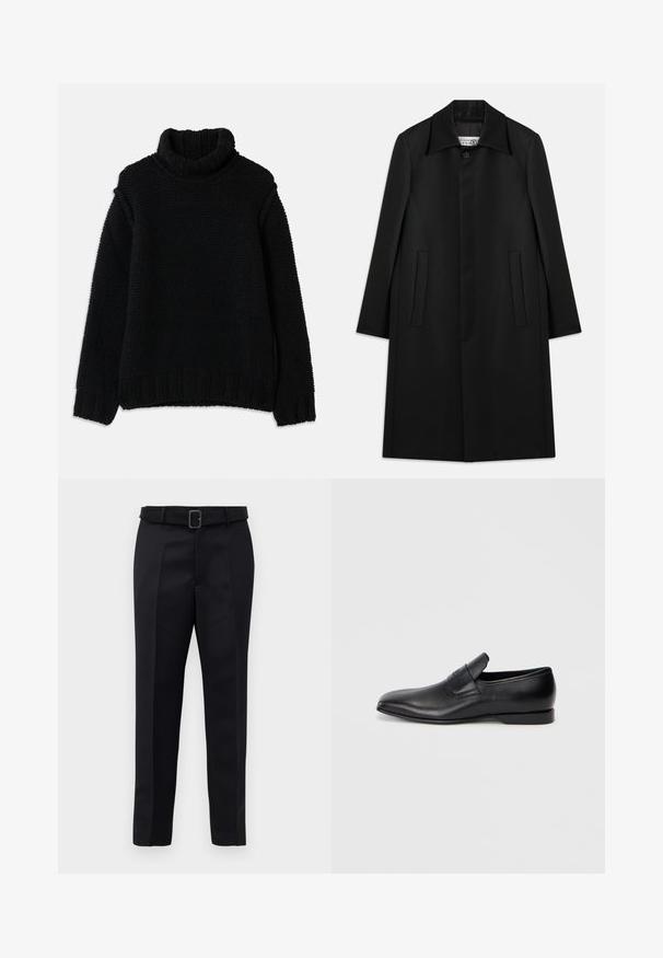 Černý dlouhý kabát vyrobený z hladkého materiálu. Má límec, zapínání na jeden knoflík a dvě boční kapsy s přímým střihem.; Černý pletený svetr s vysokým rolákem, zdobený texturovaným vzorem, žebrovanými manžetami a lemem. Volný střih s kleslými rameny.; Černé oblekové kalhoty mají hladkou tkaninu, rovný střih a pas s opaskem a obdélníkovou sponou. Výrazné přední záhyby zvýrazňují design.; Černá kožená slip-on obuv s špičatou špičkou, hladkou texturou a jemným logem na boku. Nízký podpatek s čistým, minimalistickým designem.
