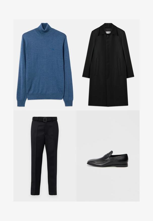 Melna gara mētelis, izgatavots no gludas auduma. Iezīmējas ar apkakli, vienu pogu aizvērtu un divām sānu kabatām ar taisnas griezuma dizainu.; Zils augstais apkakles džemperis, izgatavots no mīksta auduma. Tam ir ribotas piedurknes un apakša, kā arī mazs logs tumšākā zilā krāsā uz krūšu daļas.; Melni piegriezti bikses ar gludu audumu, taisnu piegriezumu un jostu ar taisnleņķa sprādzi. Pamanāmie priekšējie iegriezumi uzlabo dizainu.; Melna ādas slēgta kurpe ar smailu purngalu, gludu virsmu un diskrētu zīmolu uz sāniem. Zems papēdis ar tīru, minimālistisku dizainu.