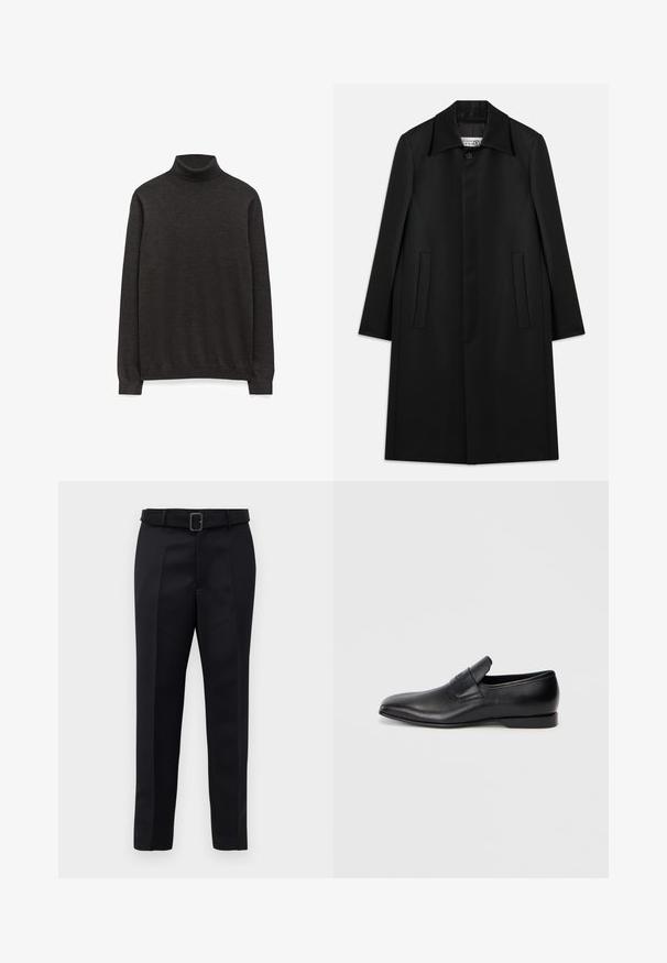 Schwarzer langer Mantel aus glattem Stoff. Verfügt über einen Kragen, einen Ein-Knopf-Verschluss und zwei Seitentaschen mit geradem Schnitt.; Dunkelgrauer Rollkragenpullover aus einem weichen Strickstoff, mit langen Ärmeln und einer taillierten Silhouette ohne sichtbare Logos.; Schwarze maßgeschneiderte Hosen aus glattem Stoff, mit geradem Schnitt und einem Bund mit rechteckiger Schnalle. Auffällige Frontfalten betonen das Design.; Schwarzer Leder-Slipper mit spitzer Zehe, glatter Textur und dezentem Branding an der Seite. Niedriger Absatz mit einem klaren, minimalistischen Design.