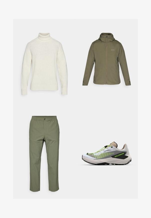 Olivenfarget, lett jakke med glidelås foran, justerbar hette og diskret merke. Glatt tekstur med lange ermer og ingen synlige lommer.; Kremfarget genser med høy hals, ribbede mansjetter og et strukturert strikkemønster. Har en avslappet passform og sømløs design.; Olivenfargede bukser laget av lett stoff, med elastisk midje, knappelukking og rett benpassform uten synlige mønstre.; Salomon GENESIS - Løpesko for mark - white/oxford tan/green gecko