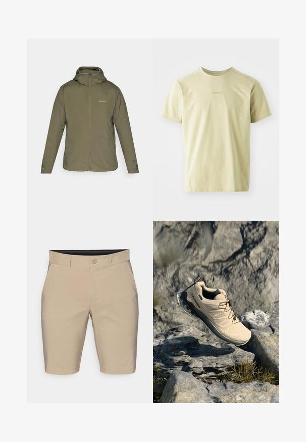Olive roheline, kerge jakk, millel on lukuga eesmine osa, reguleeritav kapuuts ja peen bränding. Sile tekstuur, pikkade varrukatega ja nähtamatud taskud.; Salomon TRACKLINE TEE - Spordi T-särk - gray green; Beezid lühikesed püksid, mis on valmistatud puuvillase segu kangast. Omavad nööbikinnitust, vöökohasid ja sirgeid ääriseid. Ei ole nähtavaid mustreid ega akente.; Beežid Salomoni trail-running kingad õhus üle kiviste maastike, kus on laiali raasuke rohtu ja väikeseid kive.