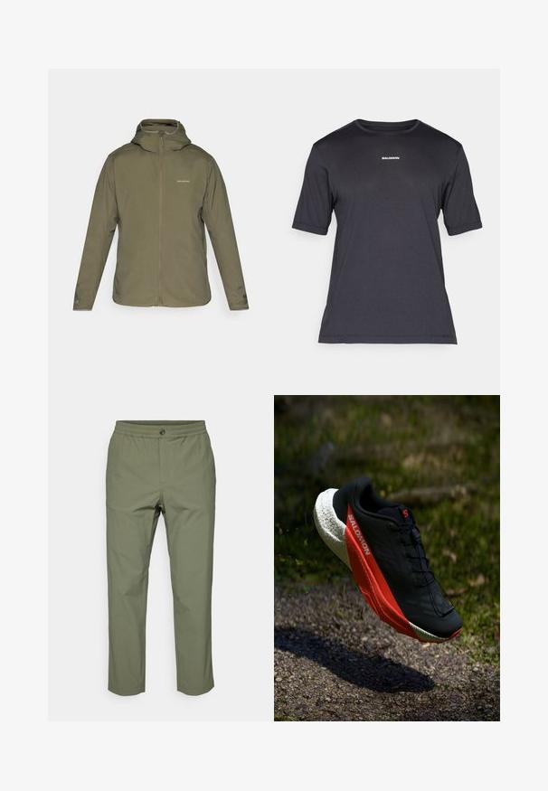 Olive roheline, kerge jakk, millel on lukuga eesmine osa, reguleeritav kapuuts ja peen bränding. Sile tekstuur, pikkade varrukatega ja nähtamatud taskud.; Must have musträtik lühikeste varrukatega, valmistatud hingavast kangast, ümar kaelus ja rinnal väike valge "SALOMON" logo.; Oliivroheline pükste, mis on valmistatud kerge kangaga, millel on elastne vöökoht, nööbiga sulgemine ja sirge sääre lõige, ilma nähtavate mustriteta.; Must have musta jalgsed, punaste detailidega, kerge võrgust pealis, tekstureeritud valge tallaga ja kinnitusüsteemiga. Kujundatud jõudluseks ja mugavuseks.