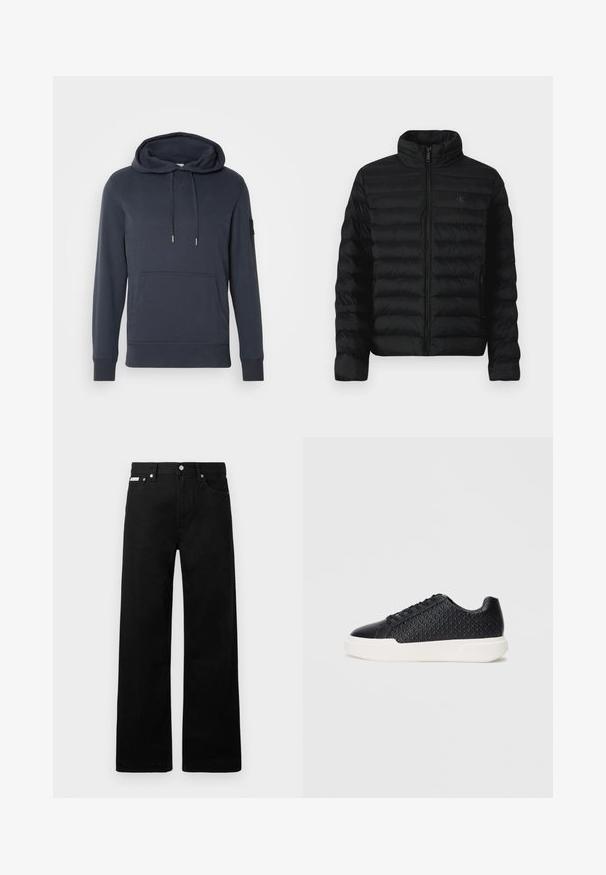 Casaco puffer preto com gola alta, costura horizontal e fecho frontal com zíper. Apresenta bolsos laterais e um logótipo discreto no peito.; Sweatshirt azul marinho feita de tecido macio, com um bolso frontal, capuz com cordão, punhos canelados e um pequeno logótipo na manga.; Calças de ganga pretas com um design de pernas largas, apresentando cinco bolsos e fechos metálicos. Textura suave, sem padrões visíveis.; Sapatilha preta com textura geométrica na lateral, biqueira lisa e sola de borracha branca. Apresenta atacadores redondos e um design de cano baixo.