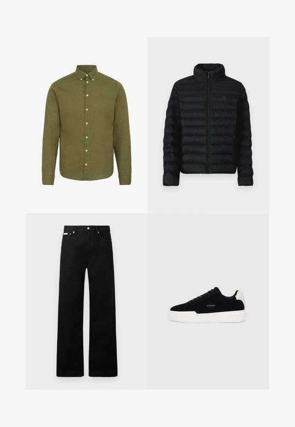 Jachetă puffer neagră cu guler înalt, cusături orizontale și închidere cu fermoar în față. Dispune de buzunare laterale și un logo subtil pe piept.; Cămașă verde măsliniu cu mânecă lungă, guler cu buton și împărțire frontală, cu nasturi albi. Prezintă un material texturat subtil și detalii brodate.; Pantaloni din denim negri cu un design cu picioare largi, având cinci buzunare și accesorii metalice pentru butoane. Textură netedă, fără modele vizibile.; Adidași negri cu talpă albă și tab cu toc alb, cu șireturi în față și logo-ul Calvin Klein pe lateral.