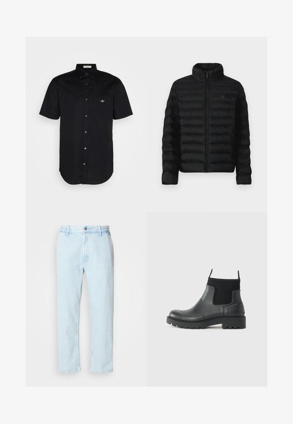 Μαύρο φουσκωτό μπουφάν με υψηλό γιακά, οριζόντια ραφή και μπροστινό κλείσιμο με φερμουάρ. Διαθέτει πλευρικές τσέπες και μια διακριτική λογότυπο στο στήθος.; Μαύρο πουκάμισο κοντό μανίκι, από βαμβακερό υλικό, με μακριά γιακά, μπροστινή τσέπη με κεντητό λογότυπο, ίσια σειρά, λεία υφή.; Ανοιχτό μπλε τζιν παντελόνι με ίσια γραμμή, τρύπες για ζώνη και κλείσιμο με κουμπί, τοποθετημένο επίπεδα σε λευκό φόντο.; Μαύρες μπότες στον αστράγαλο φτιαγμένες από καουτσούκ με ματ φινίρισμα, με κομψό σχεδιασμό, ελαστικές πάνελ και χοντρή σόλα για πρόσφυση.