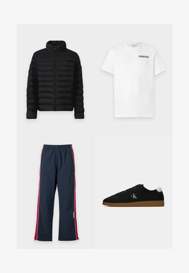 Schwarze Steppjacke mit hohem Kragen, horizontalen Nähten und frontale Reißverschlussöffnung. Mit seitlichen Taschen und einem dezenten Logo auf der Brust.; Weißes Baumwoll-T-Shirt mit Rundhalsausschnitt und kurzen Ärmeln. Auf der linken Brustseite befindet sich das Logo "CALVIN KLEIN" in Dunkelgrau. Glatte Textur.; Navy-Fitness-Hosen mit elastischem Bund und roten Seitstreifen. Mit weißem Piping und Reißverschlüssen am Knöchel zur Anpassung. Leichtes Material.; Schwarze Leinensneaker mit einer Gummisohle, featuring einem silbernen "cK"-Logo an der Seite und einem weißen Akzent an der Ferse. Niedrig geschnittenes Design.
