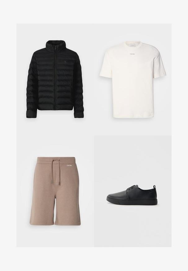 Must must jacket kõrge kaelusega, horisontaalsete õmblustega ja ees oleva luku sulgemisega. Omab küljetaskuid ja diskreetset logo rinnal.; Valge puuvillane T-särk, millel on ümar kaelus, lühikesed varrukad ning rinnas keskel tikitud "Calvin Klein" logo. Üksluisus.; pruunist puuvillast lühikesed püksid elastse vöökoha, nööri sulgemise ja esiküljel logo detailiga. Pehme tekstuur ja põlvini ulatuv disain.; Mustaläik nahast spordijalatsid siledaga viimistlusega, ümarate varvastega, sama tooni õmblustega, nööbid ees, ja lamedate kummist tallaga. Kannas aas.