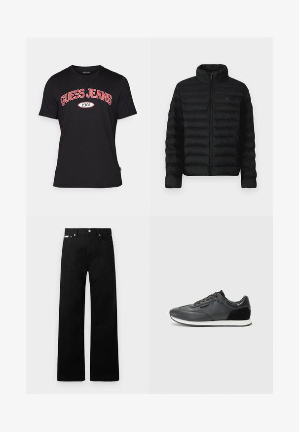 Czarna kurtka puchowa z wysokim kołnierzem, poziomym przeszyciem i zapięciem na zamek z przodu. Posiada boczne kieszenie oraz subtelną naszywkę na piersi.; Czarna bawełniana koszulka z krótkim rękawem, z wyraźnym czerwonym logo "GUESS JEANS" oraz białym, okrągłym detalem "1981".; Czarne dżinsowe spodnie o szerokim kroju, z pięcioma kieszeniami i metalowymi guzikami. Gładka tekstura, bez widocznych wzorów.; Czarne sportowe sneakersy z cholewką ze skóry z perforowanymi detalami, zamszowymi akcentami i białą gumową podeszwą. Klasyczny sznurowany design.