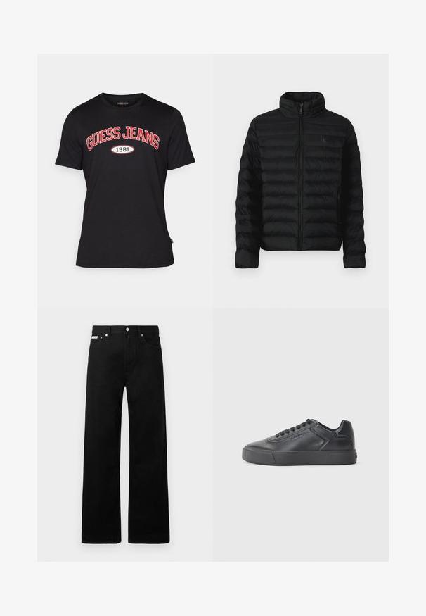 Juodas pūkinis švarkas su aukštu apykakle, horizontaliomis siūlėmis ir priekiu užtraukiama užtrauktuko uždarymu. Yra šoninės kišenės ir diskretiška logotipas ant krūtinės.; Juodas medvilninis marškinėliai su trumpomis rankovėmis, kuriuose yra išskirtinis raudonas "GUESS JEANS" logotipas ir "1981" balta apvalia grafika.; Juodos džinsinės kelnės su plačiu kojų dizainu, turinčios penkias kišenes ir metalinius sagčių akcentus. Lygus paviršius, be matomų raštų.; Juodas odinis sportinis batelis su suapvalintu pirštu, plokščiu guminio pado ir kontrastinga siuvinėdama. Su logotipu šone ir raištelių dizainu.