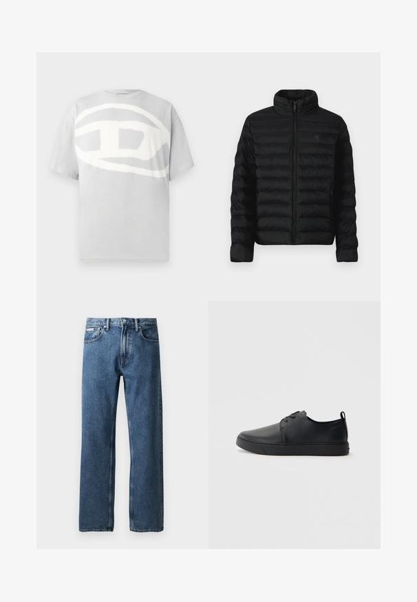 Černá piesková bunda s vysokým límcem, horizontálním prošíváním a předním zipem. Obsahuje boční kapsy a decentní logo na hrudi.; Šedé bavlněné tričko s velkým abstraktním bílým logem na přední straně. Krátké rukávy a kulatý výstřih. Hladká текстura.; Modré džíny rovného střihu s vysokým pasem, zapínáním na knoflík a zip, předními kapsami a malou bílou značkovou etiketou na pravé kapse.; Černé kožené tenisky s hladkým povrchem, zaoblenou špičkou, tónovým prošíváním, šněrovacím uzávěrem a plochou gumovou podrážkou. Očko na patě.