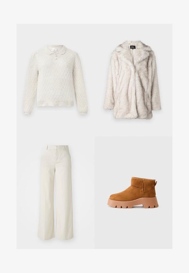 Faux fur coat in light beige with a plush texture, open front, and notched collar. Features a relaxed fit and mid-length sleeves.; Cream-colored knitted sweater with diamond pattern, long sleeves, scalloped hem, and three buttoned collar.; Wide-leg trousers in a light beige color, made of a smooth fabric. Features a classic waistband and flat front with clean lines.; Tan suede ankle boots with a rounded toe, a textured brown sole, and a pull tab. Features a stitched seam and chunky platform design.