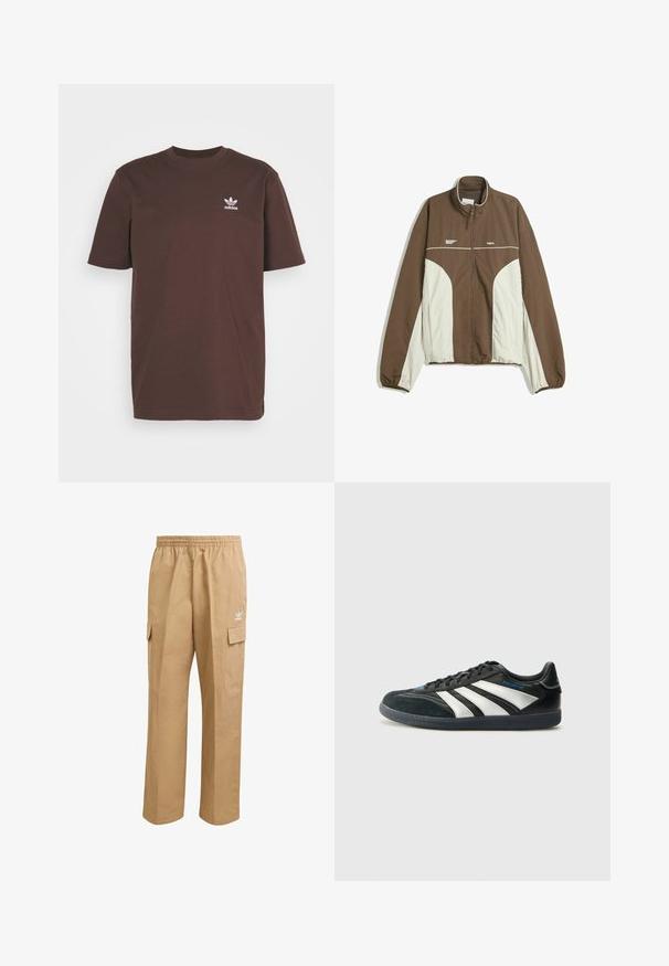 Hnedo-krémová vetrovka s vysokým golierom, zipsom a kontrastným panelovým dizajnom. Materiál sa zdá byť ľahký a textúrovaný.; adidas Originals TREFOIL ESSENTIALS - Tričko s potlačou - shadow brown; Svetlohnedé cargo nohavice s elastickým pásom, dvoma bočnými vreckami na cargo a malým bielym logom na hornej ľavej stehne. Hladká textúra.; adidas Performance PREDATOR FREESTYLE JUDE INDOOR FOOTBALL SHOES - Halové kopačky - core black/silver-coloured/glory blue