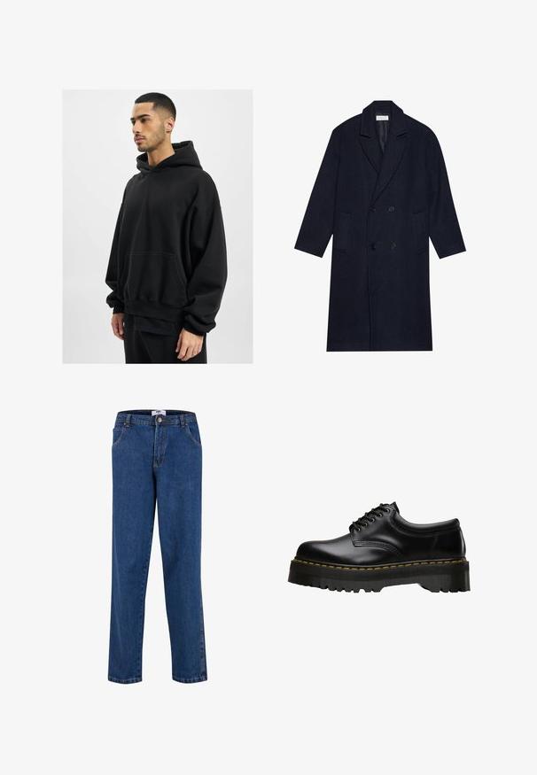 Dark navy double-breasted coat in a herringbone pattern, featuring a notched collar, two front pockets, and textured fabric.; DEF HERREN - Hoodie - black washed; White short-sleeved t-shirt made from cotton, featuring a round neckline and a relaxed fit. Smooth texture, with no visible patterns or accents.; Blue denim jeans with a straight leg design, featuring a button fly, front pockets, and contrast stitching along the seams.; Black leather lace-up shoe with a thick, serrated black rubber sole and yellow stitching along the edge, featuring a smooth finish.