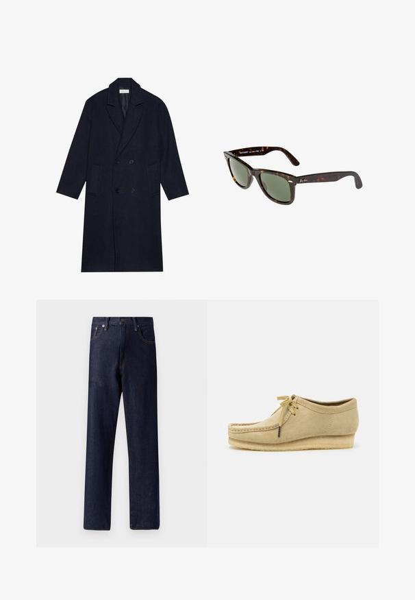 Mörk marinblå dubbelknäppt kappa i en herringbone-mönster, med slagkrage, två framfickor och strukturtyg.; Vit kortärmad t-shirt i bomull. Har en rund halsringning och en avslappnad passform. Slät textur, minimalistisk design, inga mönster eller detaljer.; Mörkblå denimjeans med rakt ben, fem fickor och subtila sömnadsdetaljer. Midje med normal höjd, med metallknapp och dragkedjestängning.; Beige mockaskinnssko med snörning, sydda detaljer och gummisula. Formen är avslappnad med en lätt kilklack.; Wayfarer-solglasögon med mörk sköldpaddsmönstrad plastbåge, gröna linser och silverfärgad Ray-Ban-logotyp på skalmen.
