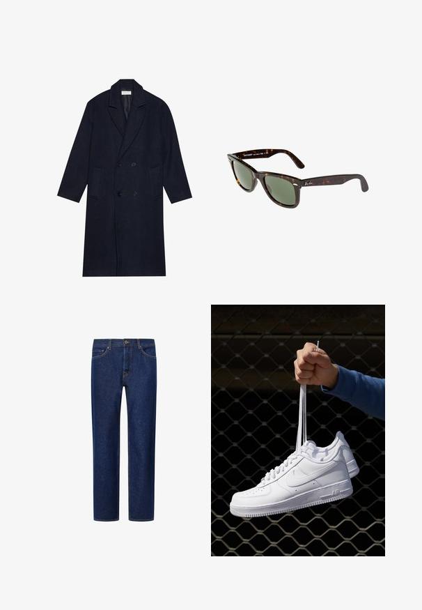 Tumši zils divrindu mētelis ar zigzaga rakstu, ar izgrieztu apkakli, divām priekšējām kabatām un teksturētu audumu.; Balts īsām piedurknēm krekliņš, izgatavots no kokvilnas. Piedāvā apaļu kakla izgriezumu un brīvu piegriezumu. Gluda tekstūra, minimālisma dizains, bez rakstiem vai akcentiem.; Tumši zili džinsi ar taisnu piegriezumu, ar zelta diegu šuvēm, priekšējiem kabatām un pogu aizdari. Gluda tekstūra un klasiskā dizaina.; Baltas ādas sporta apavi ar perforācijām, apaļu purngali, plakanu zoli un biezām šņorēm, ar redzamu swoosh logo un vārdu "AIR" uz papēža.; Wayfarer saulesbrilles ar tumšu bruņurupuču plastmasas rāmi, zaļiem stikliem un sudraba Ray-Ban logo uz zara.