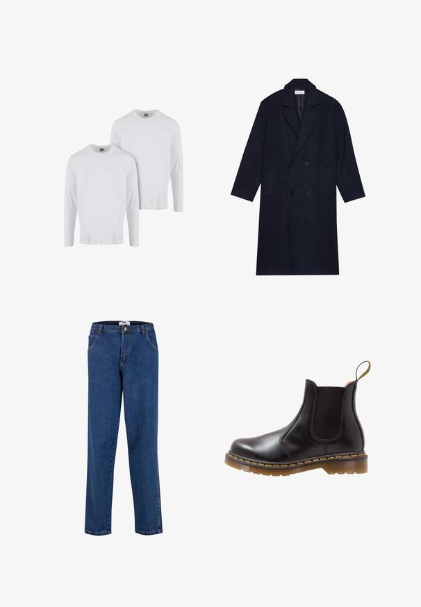 Tumedast meresinise värvi topeltkinniseguga mantel herringbone mustris, millel on lõikeklappidega kaelus, kaks eesmist taskut ja tekstureeritud kangas.; Kaks pikka varrukat valget puuvillast T-särki. Ümar kaelus ja soonikkoes vonkud. Lihtne disain, ilma mustrite või aktsentideta.; Heled sinine triibuline pikkade varrukatega nööpidega särk. Omab traditsioonilist kraed, valgeid nööpe ja sileda puuvilla segust kangast.; Sinised teksad otse jalgadega disainiga, millel on nööpidega lukustus, esipockets ja kontrastselt tikkimist õmblustel.; Must have mustadest hallid ja elastsete külgpanelidega mustast nahast Chelsea saapad, kollase õmblusega ja tekstuuriga kummist tallaga. Omab tõmblauku, mis muudab nende selga panemise lihtsaks.