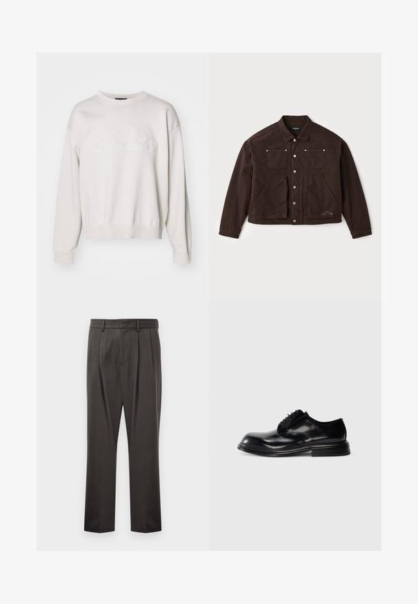 Giacca in tela marrone con chiusura a bottoni, due tasche sul petto e due tasche frontali più grandi. Cuciture e dettagli del logo in evidenza sul lato.; Felpa bianca a maglia con scollatura rotonda e orlo a coste. Presenta un design del logo testurizzato sul davanti e maniche a spalla cadente.; Pantaloni grigi scuri realizzati in tessuto testurizzato, con fronte piatto, pince, gambe dritte e passanti per cintura. Nessuna ferramenta o motivo visibile.; Scarpa da uomo in pelle nera con punta arrotondata, finitura liscia, design con allacciatura e tacco impilato. Stile minimalista senza loghi visibili.