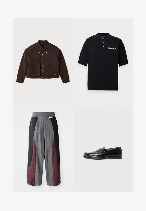 Brown canvas jacket featuring a button-up front, two chest pockets, and two larger front pockets. Notable stitching and logo detail on the side.; Black polo shirt made of cotton, featuring a traditional collar, three-button placket, and white embroidered logo on the chest.; Wide-leg pants made of lightweight fabric, featuring a color-block design in black, gray, and burgundy with an elastic waistband.; Leather loafers in black with a smooth finish, rounded toe, decorative stitching, and a small metal accent on the front.