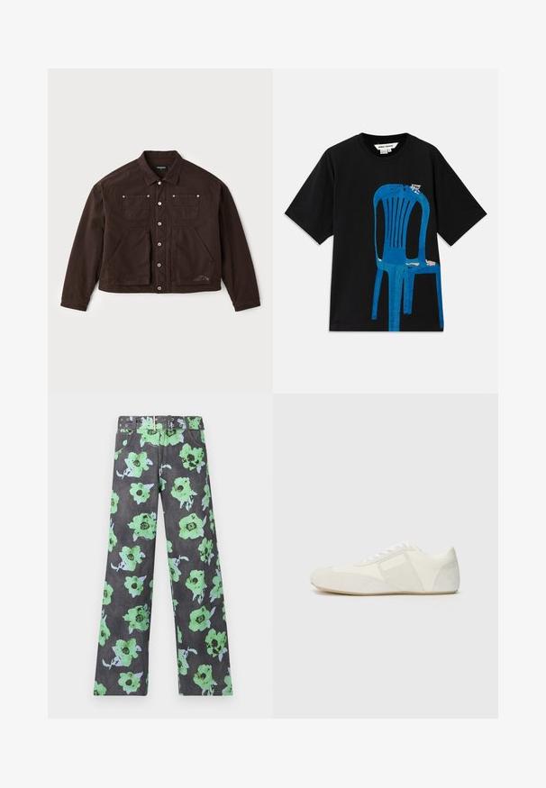 Bruine canvas jas met een knoopsluiting aan de voorkant, twee borstzakken en twee grotere voorzakken. Opvallende stiksels en logo-details aan de zijkant.; Zwarte katoenen T-shirt met een blauw gedrukt stoeldesign op de voorkant. Korte mouwen en een ronde halslijn. Eenvoudige tekst boven de stoel.; Donkergrijze bloemenbedrukte broek met grote groene en blauwe bloemen. Inclusief een bijpassende riem met meerdere studs en oogjes.; Witte sportieve schoen met een slank ontwerp, voorzien van een suède teenkap, leren panelen en contrasterende textuuraccenten. Vlakke rubberen zool.