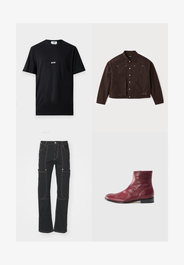 Bruine canvas jas met een knoopsluiting aan de voorkant, twee borstzakken en twee grotere voorzakken. Opvallende stiksels en logo-details aan de zijkant.; Zwarte katoenen t-shirt met ronde hals en korte mouwen. Voorkant toont het witte "MSGM" logo gecentreerd. Soepele textuur, normale pasvorm.; Zwarte cargobroek van duurzaam materiaal, met meerdere zakken, contrasterende stiksels, een recht model en een knoopsluiting.; Bordeaux leren enkellaars met een gladde textuur, zijrits, ronde neus en lage zwarte hak, met subtiele plooien en minimale stiksels.