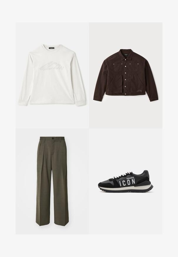 Braune Canvas-Jacke mit durchknöpfbarem Verschluss, zwei Brusttaschen und zwei größeren Fronttaschen. Auffällige Nähte und Logodetail an der Seite.; Langärmliges, hellgraues T-Shirt aus Baumwolle mit Rundhalsausschnitt, seitlichen Schlitzen und einem schwach gedruckten Logo auf der Vorderseite.; Filippa K WIDE TROUSERS - Stoffhose - driftwood; Schwarze Sneaker aus Leder und Wildleder, mit einem weißen "ICON"-Logo und einer kontrastierenden schwarzen Laufsohle. Die Schnürsenkel sind weiß; das Design ist sportlich.