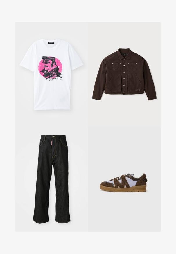 Braune Canvas-Jacke mit durchknöpfbarem Verschluss, zwei Brusttaschen und zwei größeren Fronttaschen. Auffällige Nähte und Logodetail an der Seite.; Weißes Baumwoll-T-Shirt mit einer schwarzen grafischen Illustration eines Mannes in einer Mütze vor einem pinkfarbenen, kreisförmigen Hintergrund mit einem strukturierten Effekt.; Schwarze gerade Jeans mit gelben Nähten, Fünf-Taschen-Design, Knopfverschluss und einem kleinen roten Etikett an der rechten Vorderseite der Tasche.; Sneaker mit braunem Wildleder-Obermaterial, beigen Mesh-Einsätzen und einer Sohle aus Gummi. Auffälliges Zickzack-Design an den Seiten. Schnürverschluss.