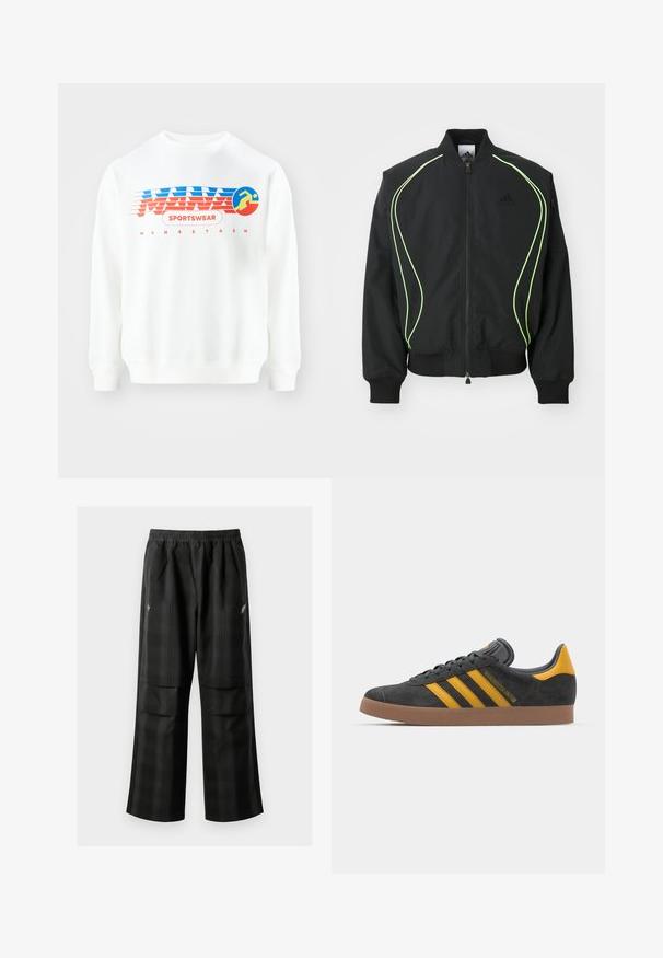 Schwarze Bomberjacke mit neongrüner Paspelierung, gerippten Bündchen und Kragen. Verfügt über einen Reißverschluss vorne und eine seitliche Reißverschlusstasche. Hergestellt aus leichtem Material.; Weißes Sweatshirt mit rot-blauer grafischer Gestaltung. Beinhaltet den Text "SPORTSWEAR" und ein kreisförmiges Icon einer laufenden Figur. Klassische Passform, lange Ärmel.; Schwarze karierte Hosen mit elastischem Bund, zwei Fronttaschen und lockerer Passform im geraden Beinschnitt. Hergestellt aus leichtem Material.; Schwarze Wildledersneaker mit gelben Akzenten, ausgestattet mit drei Streifen und einer braunen Gummisohle. Enthält eine gepolsterte Zunge für zusätzlichen Komfort.
