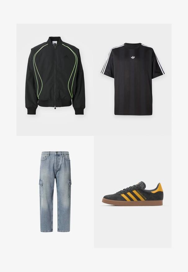 Svart bomberjacka med neongrön kant, ribbade ärmslut och krage. Har dragkedja fram och sidofickor med dragkedja. Tillverkad av lättviktig material.; Svart t-shirt med kort ärm och vita tre-randiga detaljer på axlarna samt en liten vit logotyp på bröstet. Slät tygtextur.; Ljusblå denim cargobyxor med avslappnad passform, knä-lång längd, två sidofickor och knäppning. Urblekt textur genom hela byxan.; Svart mockaskor med gula accenter, med tre ränder och en brun gummisula. Inkluderar en vadderad tunga för extra komfort.