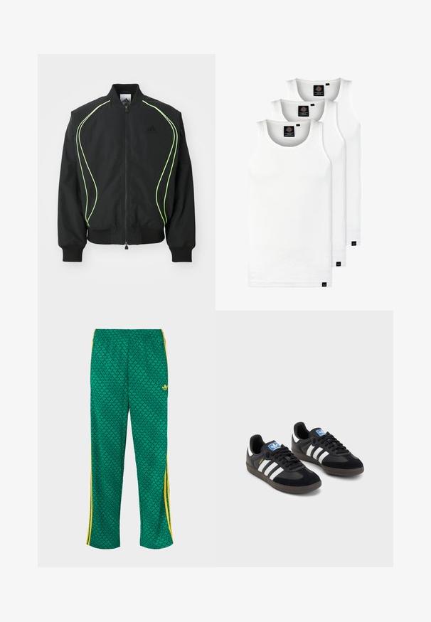 Zwarte bomberjack met neon groene piping, ribgebreide manchetten en kraag. Voorzien van een rits aan de voorkant en een zijzak met rits. Gemaakt van lichtgewicht materiaal.; Drie witte geribde tanktops van katoen. Kenmerken zijn een ronde hals en kleine zwarte labels nabij de zoom. Verkrijgbaar in meerdere maten.; Groene sportbroek met bladmotief, elastische taille, gele zijstrepen, losse pasvorm.; Zwarte sneakers met een bovenwerk van suède en synthetisch materiaal, voorzien van drie witte strepen, een gestructureerde rubberen zool en een blauw logo-label op de tong.