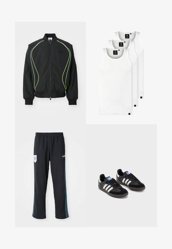 Melna bumbiera futrā ar neona zaļo apdari, ribotām piedurknēm un apkakli. Ar priekšējo rāvējslēdzēju un sānu rāvējslēdzēju kabatu. Izgatavots no viegla materiāla.; Trīs baltas ribotas krūšturi, kas izgatavoti no kokvilnas. Iezīmēti ar apaļu kakla izgriezumu un maziem melniem etiķetēm tuvu apakšmalai. Pieejami vairākos izmēros.; Melni poliestera sporta bikses ar elastīgu jostu, ar zilu svītru detaļu sānos un logotipu kreisajā priekšējā gurnā.; Melnas sporta apavas ar zamšādas un sintētisku augšdaļu, ar trim baltām svītrām, teksturētu gumijas zoli un zilu logo birku uz mēles.