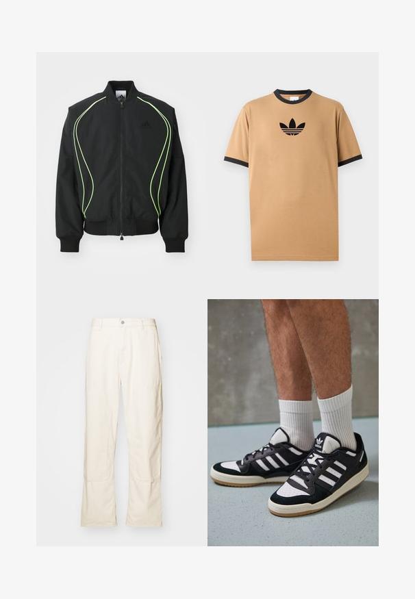 Mustat pilottitakit neonvihreillä yksityiskohdilla, ribattaa hihansuille ja kaulukselle. Varustettu vetoketjukiinnityksellä ja sivupussilla. Valmistettu kevyestä materiaalista.; Beige puuvillapaita, jossa on musta ribbireunus kaula-aukon ympärillä ja hihansuissa. Rintamuksessa on musta Adidas-logo, jonka alla on kolme raitaa.; Harmaat leveät housut, valmistettu puuvillasta, joissa on sivutaskut, napp closing ja hillityt ompeluyksityiskohdat.; Valkoiset ja mustat tennarit, joissa on mokkanahka- ja nahkapäällinen, kolme valkoista raitaa, rei'itetty kärki ja kumipohja.