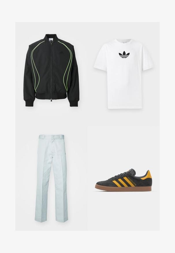 Mustmust must kaaluvate neoonroheliste detailidega, ribatatud mansettide ja kraega. Omab lukuga esiosa ja külgmist lukuga taskut. Valmistatud kergest materjalist.; Valge puuvillane T-särk, millel on must Adidas logo keskel. Lühikesed varrukad ja ümmargune kaelus. Sile tekstuur.; Heledad sinised puuvillased püksid otsejoontega disainiga, millel on peened kortsud ja sile tekstuur, lõpetatud tavalise vöökohaga.; Mustad sametist spordijalatsid kollaste aktsentidega, millel on kolm triipu ja pruun kummitald. Mugavuse tagamiseks on neil pehmendatud keele osa.