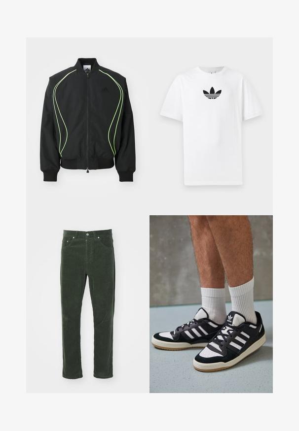 Mustmust must kaaluvate neoonroheliste detailidega, ribatatud mansettide ja kraega. Omab lukuga esiosa ja külgmist lukuga taskut. Valmistatud kergest materjalist.; Valge puuvillane T-särk, millel on must Adidas logo keskel. Lühikesed varrukad ja ümmargune kaelus. Sile tekstuur.; Roheline vaskingpüksid sirge säärega disainiga, viie taskuga, metallist nööp sulgemisega ja tekstuuriga ribaline pind.; Mustvalged ja valged spordijalatsid, mille pealmine osa on valmistatud suede'ist ja nahast. Kingadel on kolm valget riba, auguline varvas ja kummist tald.