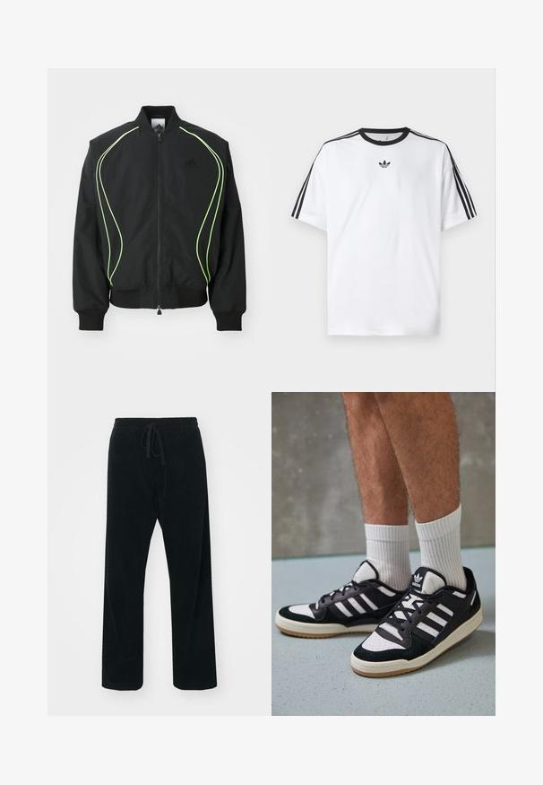 Černá bomber bunda s neonově zeleným lemem, žebrovanými manžetami a límcem. Disponuje zipem vpředu a boční kapsou na zip. Vyrobena z lehkého materiálu.; Bílá bavlněná tričko s černým kulatým výstřihem a třemi černými pruhy na každém rameni. Malé černé logo na hrudi.; Carhartt WIP FLOYDE PANT - Kalhoty - black rinsed; Černobílé tenisky s vrchní částí z semišové a kožené kůže, včetně tří bílých pruhů, perforovaného špičky a podrážky z gumy.