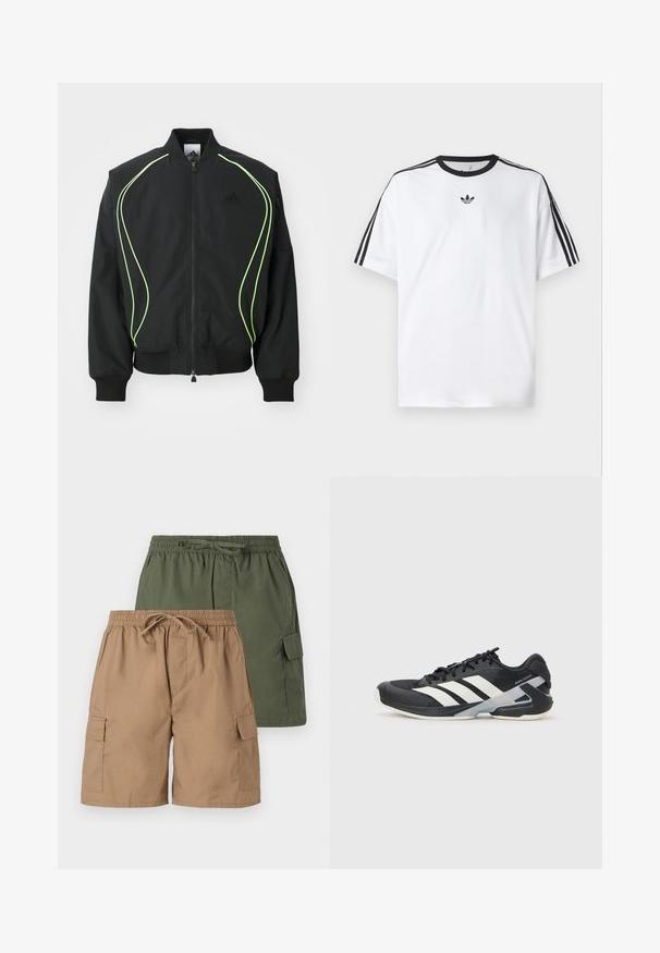 Juodas bomber stilius džemperis su neoninės žalios spalvos apvadu, suribotais rankogaliais ir apykakle. Yra užtrauktukas priekyje ir šoninė kišenė su užtrauktuku. Pagamintas iš lengvos medžiagos.; Balta medvilninė marškinėlių su juodu apvali kaklu, ant kiekvieno peties iš trijų juodų juostelių. Mažas juodas logotipas ant krūtinės.; Du komplektai lauko šortų; vieni kupranugario spalvos, kiti žali. Kiekvieni turi elastingą liemenį, raištelį ir šonines kišenes. Lygi audinio tekstūra.; Juoda sportinė avalynė su baltais dryžiais, tinklinis viršus, apvalus pirštas ir paminkštinta padais. Yra tekstūruota kulno dalis ir saugi raištelių sistema.