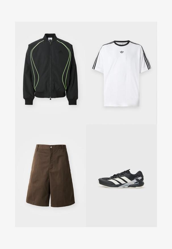 Giubbotto bomber nero con piping verde neon, polsini e colletto a coste. Presenta una chiusura con zip frontale e tasca laterale con zip. Realizzato in materiale leggero.; Maglietta bianca in cotone, con scollatura rotonda nera e tre strisce nere su ciascuna spalla. Piccolo logo nero sul petto.; Pantaloni corti in cotone marrone con vestibilità dritta, dotati di chiusura con bottone, passanti per la cintura e senza motivi o dettagli visibili.; Scarpa sportiva nera con strisce bianche, tomaia in rete, punta arrotondata e suola ammortizzata. Presenta un tallone testurizzato e un sistema di allacciatura sicuro.