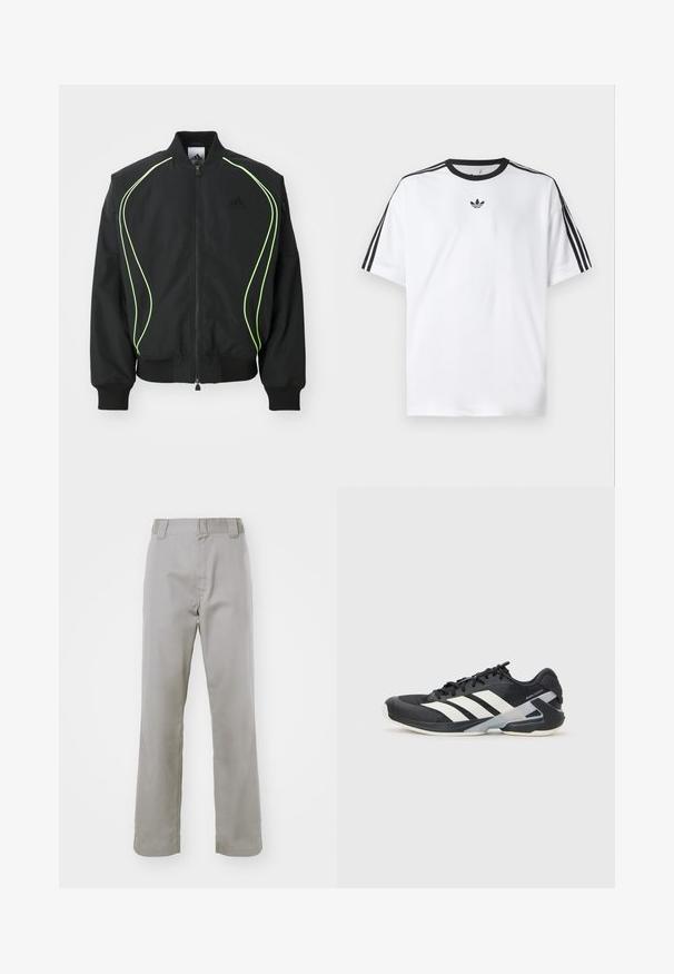 Giubbotto bomber nero con piping verde neon, polsini e colletto a coste. Presenta una chiusura con zip frontale e tasca laterale con zip. Realizzato in materiale leggero.; Maglietta bianca in cotone, con scollatura rotonda nera e tre strisce nere su ciascuna spalla. Piccolo logo nero sul petto.; Pantaloni di cotone grigi con un design a gamba dritta, caratterizzati da una parte frontale piatta, passanti per cintura e una texture liscia.; Scarpa sportiva nera con strisce bianche, tomaia in rete, punta arrotondata e suola ammortizzata. Presenta un tallone testurizzato e un sistema di allacciatura sicuro.
