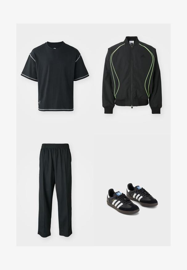 Corta-vento preto com detalhes em verde neon, punhos e colarinho canelados. Possui fecho éclair na frente e bolso lateral com fecho. Feito de material leve.; T-shirt preta de corte largo, feita de algodão. Apresenta mangas curtas, gola redonda e costura branca contrastante ao longo dos ombros e da bainha.; Calças atléticas pretas com um cós elástico, feitas de tecido suave, com costuras laterais discretas e um ajuste descontraído, design de perna reta.; Sneakers pretos com parte superior em camurça e sintético, apresentando três riscas brancas, sola de borracha texturizada e etiqueta azul no linguete.