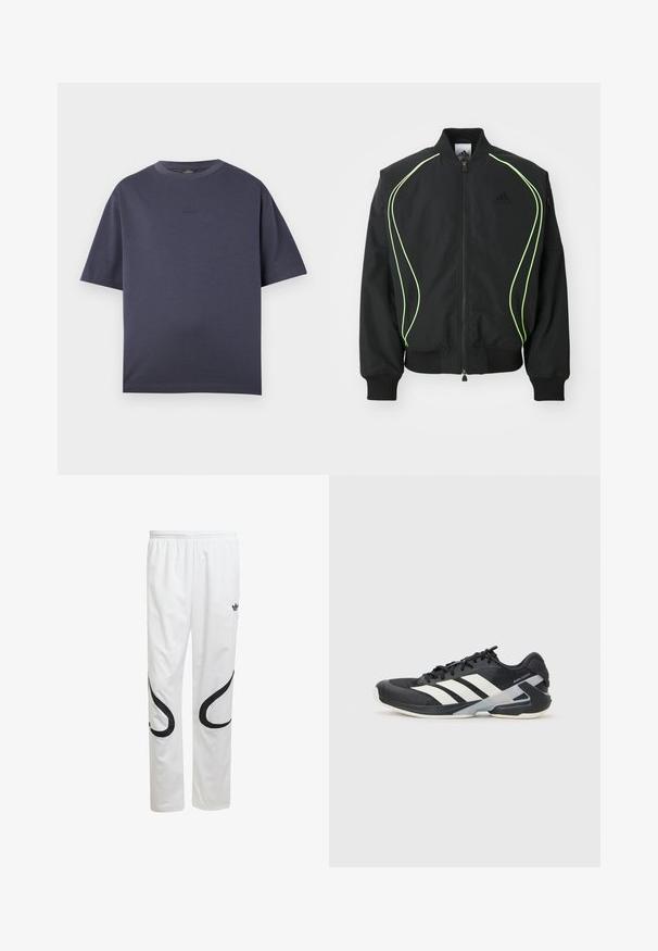 Zwarte bomberjack met neon groene piping, ribgebreide manchetten en kraag. Voorzien van een rits aan de voorkant en een zijzak met rits. Gemaakt van lichtgewicht materiaal.; Navyblauw T-shirt met korte mouwen van een zachte katoenmix. Ronde hals, ontspannen pasvorm, met een subtiele reliëflogo op de borst.; Witte sportbroeken met een gladde textuur, voorzien van zwarte gebogen ontwerpen aan de zijkanten en een zwart logo vlakbij de tailleband.; Zwarte sportschoen met witte strepen, bovenwerk van mesh, ronde neus en geveerde zool. Heeft een getextureerde hak en een veilig vetersysteem.
