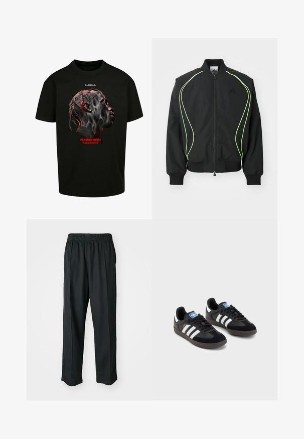 Czarna bomberka z neongreen wykończeniem, ściągaczami przy rękawach i kołnierzu. Posiada zamek z przodu i boczną kieszeń na zamek. Wykonana z lekkiego materiału.; Czarny t-shirt z bawełny z grafiką stylizowanej twarzy w odcieniach szarości i czerwieni, z czerwonym napisem "FLYING HIGH" poniżej.; Czarne spodnie sportowe z elastycznym pasem, wykonane z gładkiego materiału, z subtelnym przeszyciem po bokach i luźnym krojem, prostą nogawką.; Czarne sneakersy z zamszową i syntetyczną cholewką, wyposażone w trzy białe paski, teksturowaną gumową podeszwę oraz niebieską metkę z logo na języku.