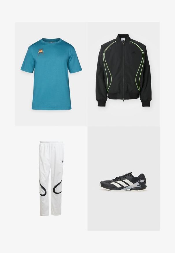 Melna bumbiera futrā ar neona zaļo apdari, ribotām piedurknēm un apkakli. Ar priekšējo rāvējslēdzēju un sānu rāvējslēdzēju kabatu. Izgatavots no viegla materiāla.; Sīkais piedurkņu teal krāsas T-krekls, izgatavots no mīksta auduma, ar noapaļotu kakla izgriezumu un oranžu un melnu logo kreisajā krūtī.; Baltas sporta bikses ar gludu faktūru, ar melniem izliektiem rakstiem sānos un melnu logo pie jostasvietas.; Melnas sporta kurpes ar baltām svītrām, acs augšdaļa, noapaļots pirksts un mīksts zole. Iespējams ar teksturētu papēdi un drošu šņoru sistēmu.