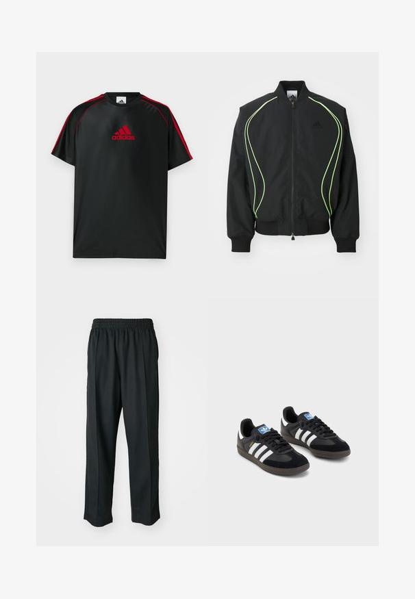 Black bomber jacket with neon green piping, ribbed cuffs, and collar. Features a zip front and side zip pocket. Made from lightweight material.; Black athletic t-shirt with red accents and logo. Made of smooth, lightweight fabric. Features a crew neck and short sleeves.; Black athletic pants with an elastic waistband, made of smooth fabric, featuring subtle side stitching and a relaxed fit, straight leg design.; Black sneakers with a suede and synthetic upper, featuring three white stripes, textured rubber sole, and blue logo tag on the tongue.